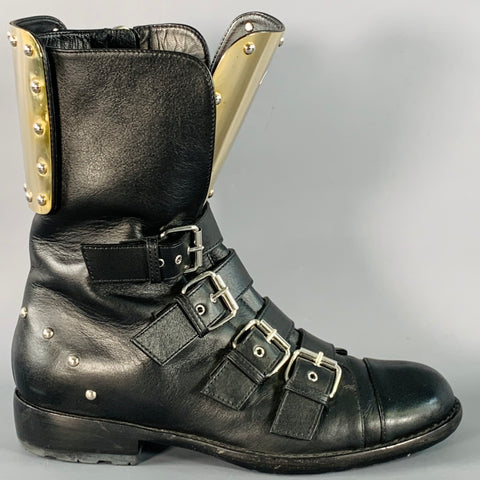 GIUSEPPE ZANOTTI Size 7 Black Gold Leather Metal Buckles Lace-Up Zipper Boots