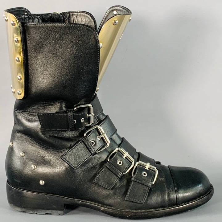 GIUSEPPE ZANOTTI Size 7 Black Gold Leather Metal Buckles Lace-Up Zipper Boots