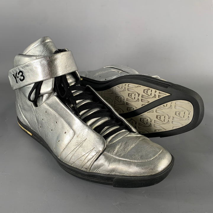 Y-3 Size 10.5 Silver Shimmery Leather High Top Sneakers