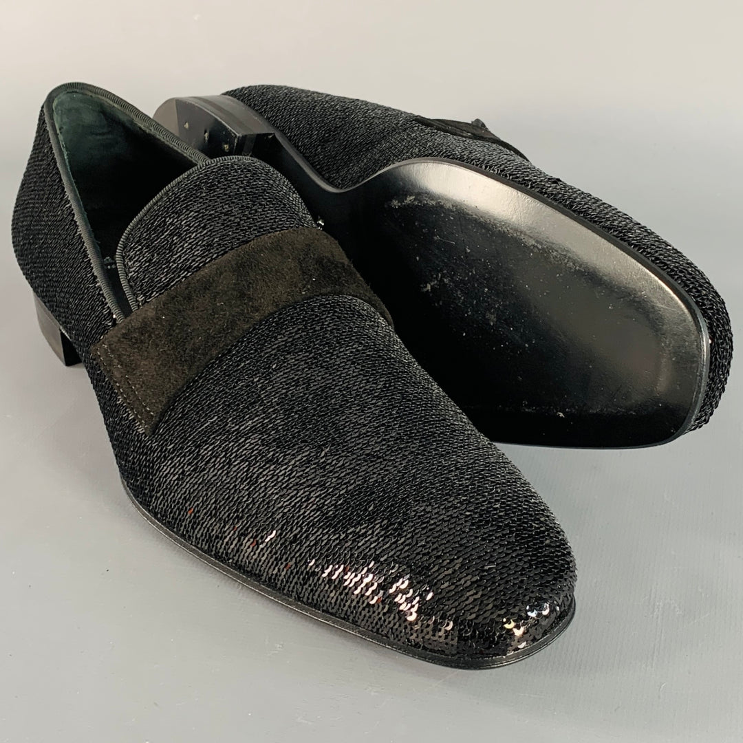 PAUL STUART Size 8.5 Black Sequined Velvet Slip On Loafers