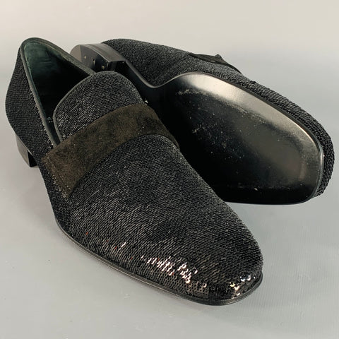 PAUL STUART Size 8.5 Black Sequined Velvet Slip On Loafers
