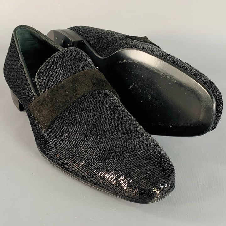 PAUL STUART Size 8.5 Black Sequined Velvet Slip On Loafers
