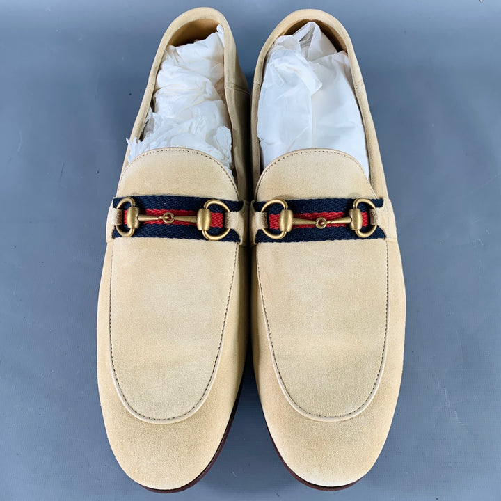 GUCCI Size 12.5 Beige Navy Red Ribbon Trim Suede Loafers