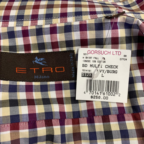 ETRO Size L Navy Burgundy Checkered Cotton Button Up Long Sleeve Shirt