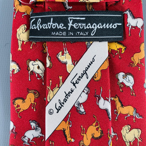 SALVATORE FERRAGAMO Red Orange Yellow Horses Silk Tie
