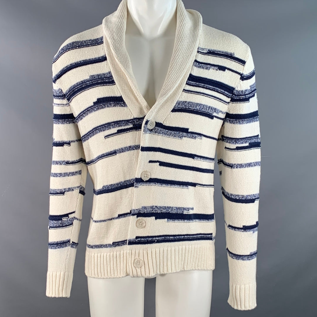 VINCE Size S Cream Blue Stripe Cotton Shawl Collar Cardigan