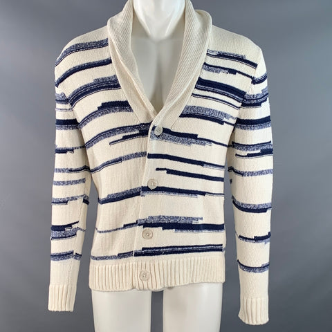VINCE Size S Cream Blue Stripe Cotton Shawl Collar Cardigan