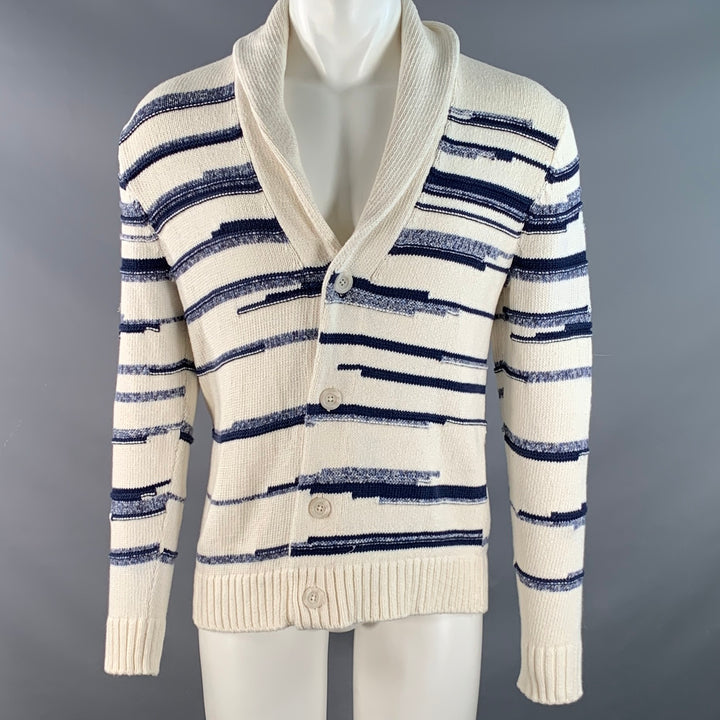 VINCE Size S Cream Blue Stripe Cotton Shawl Collar Cardigan
