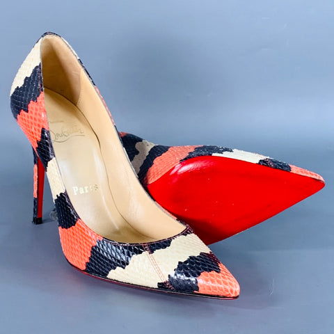 CHRISTIAN LOUBOUTIN Size 5 Orange Black Cream Snakeskin Leather Pointed Toe Stiletto Pumps