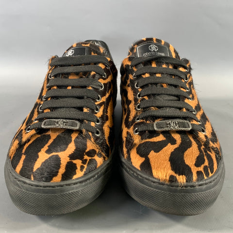 ROBERTO CAVALLI Size 11 Brown Black Animal Print Pony Hair Low Top Sneakers