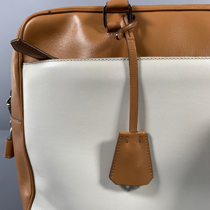 PRADA Tan Cream Color Block Leather Overnight Bags