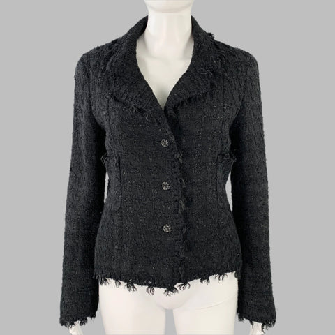 CHANEL Size 4 Black Cotton Blend Boucle Single Breasted Jacket Blazer