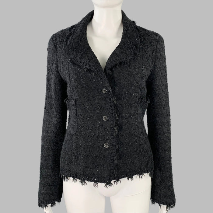 CHANEL Size 4 Black Cotton Blend Boucle Single Breasted Jacket Blazer