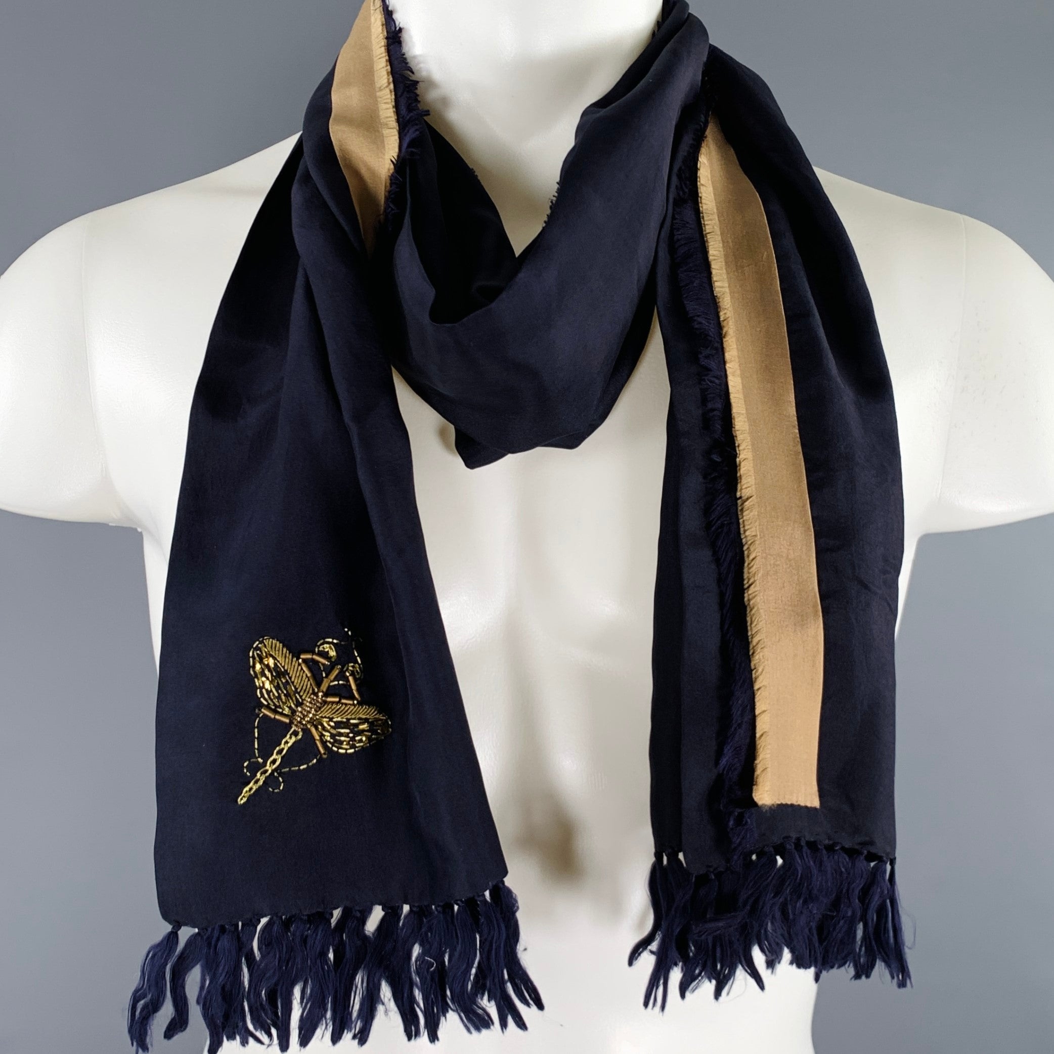 DRIES VAN NOTEN Navy Gold Embroidered Silk Scarf – Sui Generis