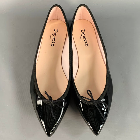 REPETTO Size 9.5 Black Patent Leather Pointed Toe Bow Flats