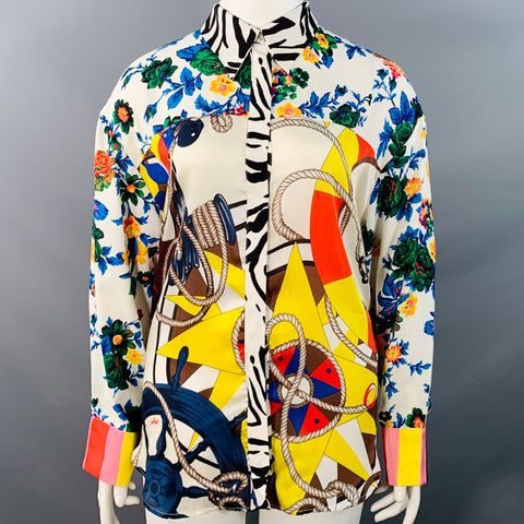 MSGM Size XL White Multi Color Polyester Viscose Floral Nautical Stripe Button Up Shirt