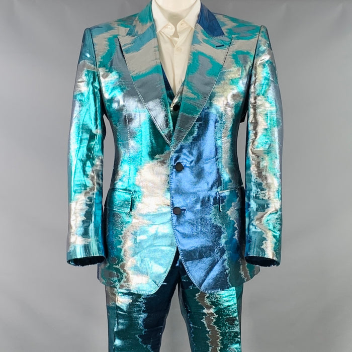 DOLCE & GABBANA Silicia Size 46 Blue Silver Metallic Marbled Polyester Silk 3 Piece Suit
