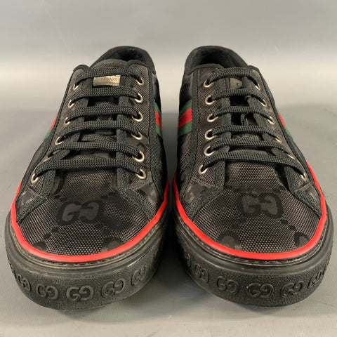 GUCCI Size 10 Black Red & Green Monogram Low Top Sneakers