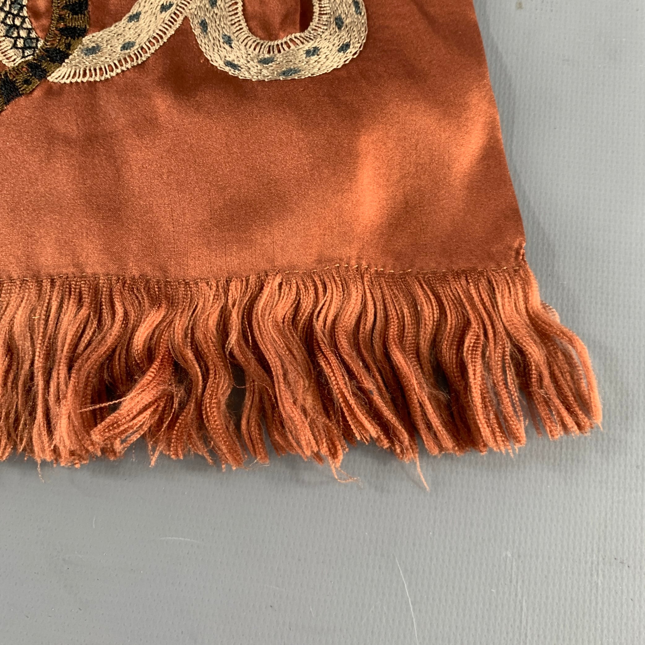 DRIES VAN NOTEN Brown Grey Embroidered Snake Silk Satin Scarf