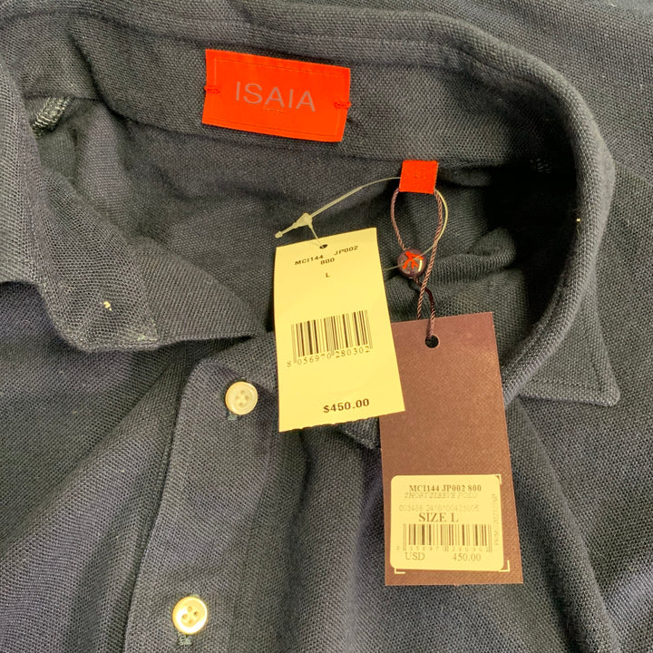 ISAIA Size L Navy Cotton Pique Half Placket Polo