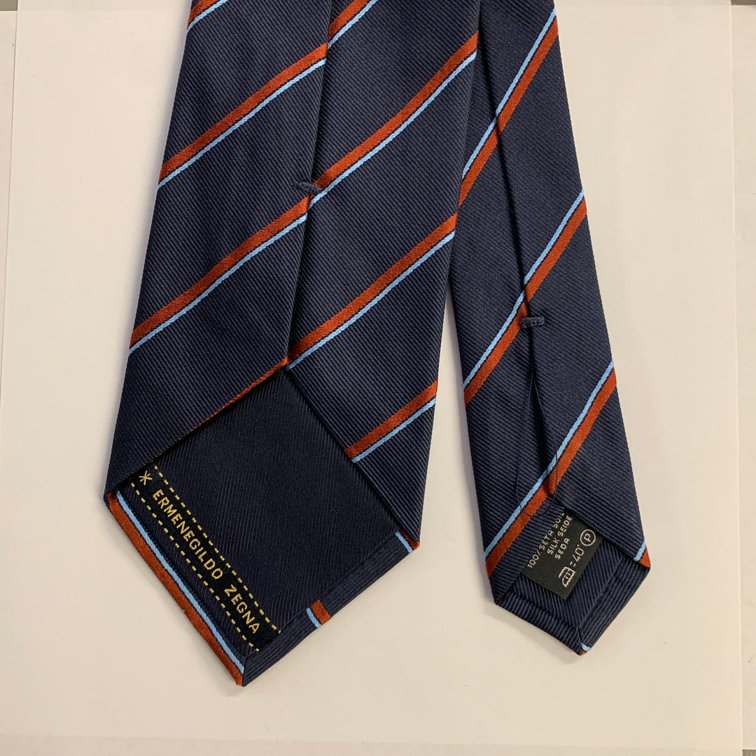 ERMENEGILDO ZEGNA Navy Rust Diagonal Stripe Silk Tie