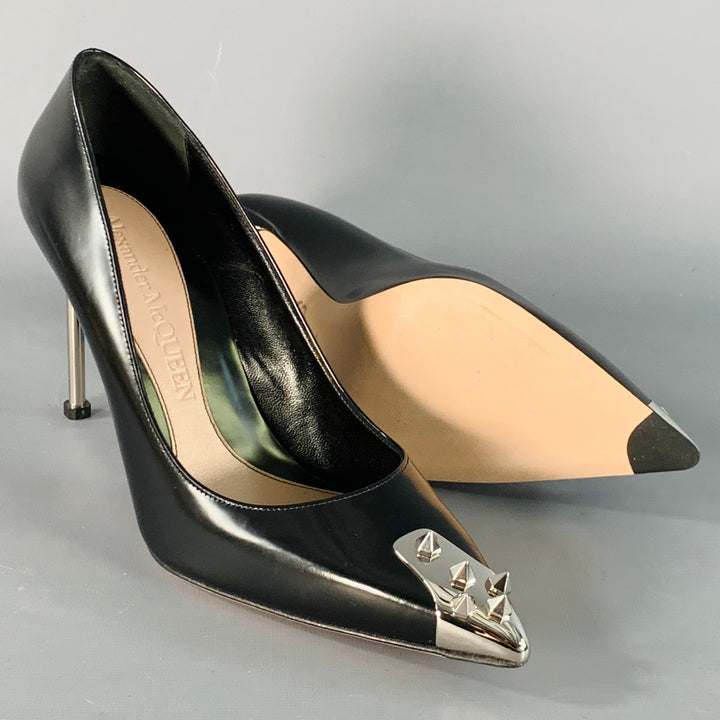 ALEXANDER MCQUEEN Size 9.5 Black Silver Spikes Leather Stiletto Heels Pumps