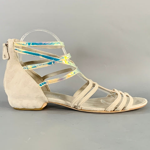 CHANEL Size 9.5 Grey Iridescent Suede Cage Sandals