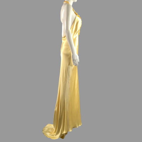 MONIQUE LHUILLIER Size 12 Yellow Silk Beaded Open back Gown Evening Dress