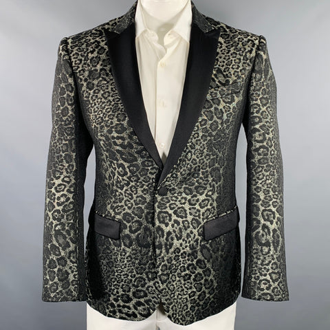 CAVALLI CLASS Size 42 Black Metallic Jacquard Polyester Blend Sport Coat