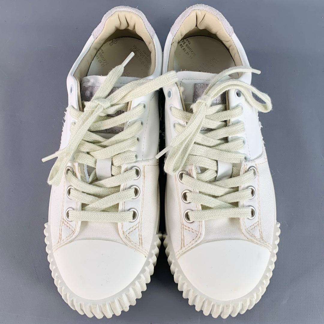 MAISON MARGIELA NEW EVOLUTION Size 5 White Leather Canvas Distressed Low Top Sneakers