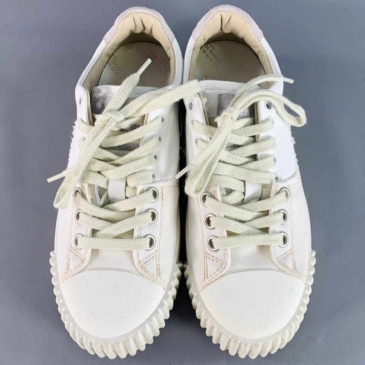 MAISON MARGIELA NEW EVOLUTION Size 5 White Leather Canvas Distressed Low Top Sneakers