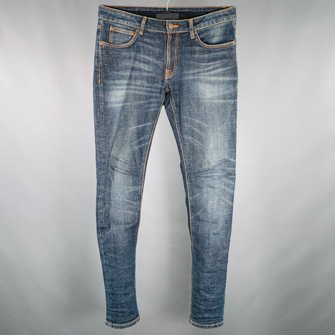 NUDIE JEANS Size 31 Skinny Lin Blue Contrast Stitch Cotton Blend Jeans