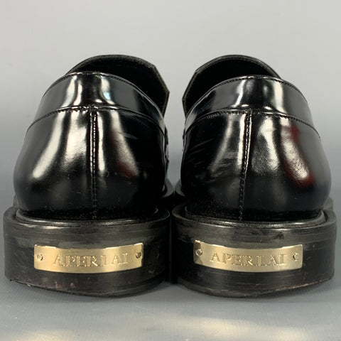 APERLAI Size 7.5 Black Silver Studded Patent Leather Fringed Moccasin Flats
