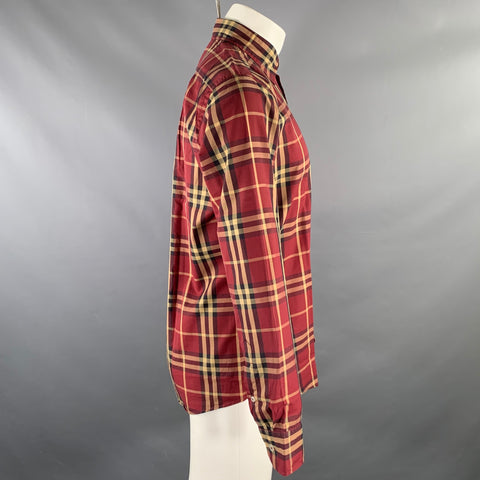 BURBERRY Size M Burgundy Khaki & Black Plaid Cotton Button Up Long Sleeve Shirt