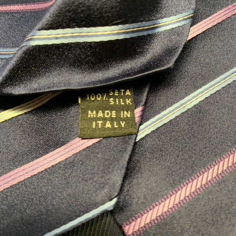 BORRELLI Navy Purple Diagonal Stripe Silk Tie