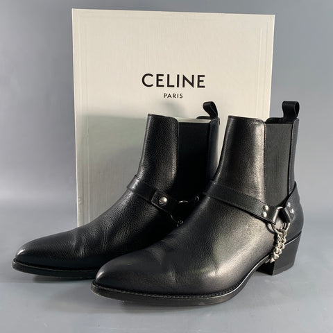 CELINE Size 9 Black Silver Leather Harness Boots