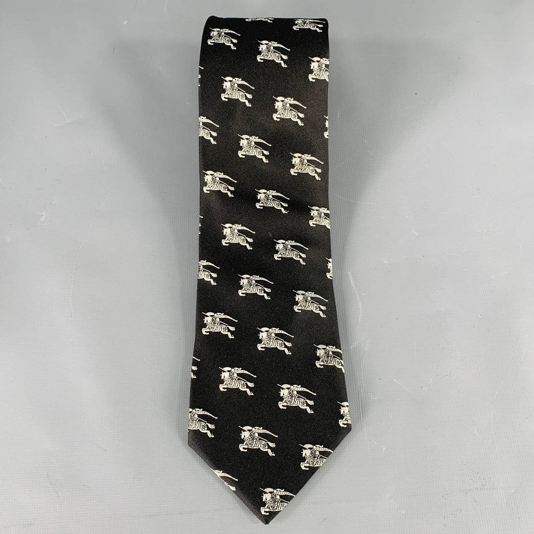 BURBERRY LONDON Black White Logo Silk Tie