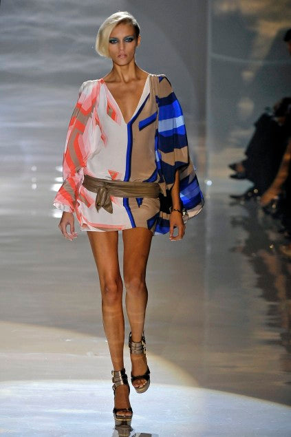 GUCCI  by Tom Ford SS 2009 Size M Blue Peach Silk Geometric V-Neck Mini Tunic Dress