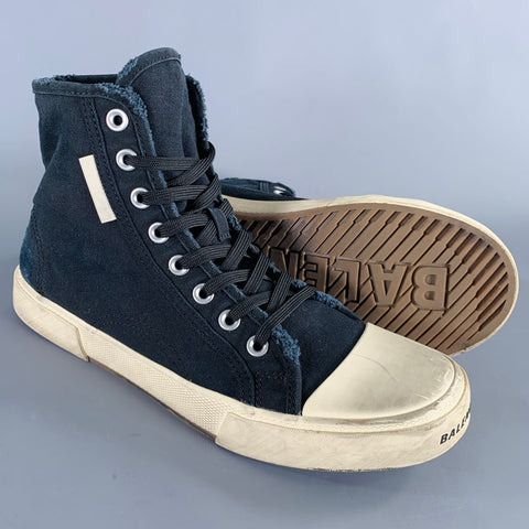 BALENCIAGA Size 9 -Paris High Top- Black White Distressed Canvas Sneakers