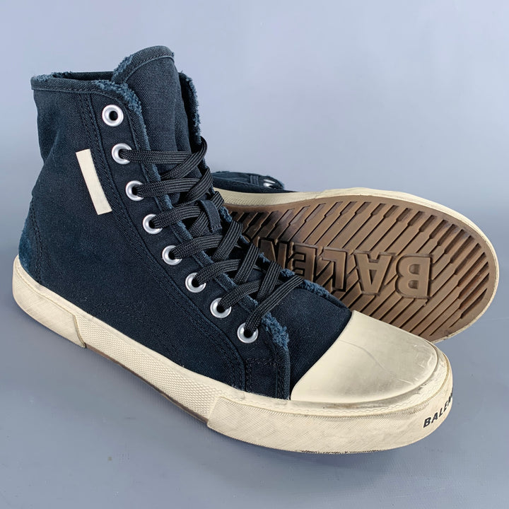 BALENCIAGA Size 9 -Paris High Top- Black White Distressed Canvas Sneakers
