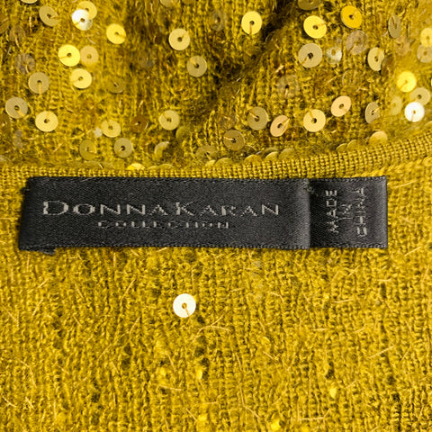 DONNA KARAN Size S Gold Olive Cashmere Silk Sequined V-Neck Long Sleeve Pullover