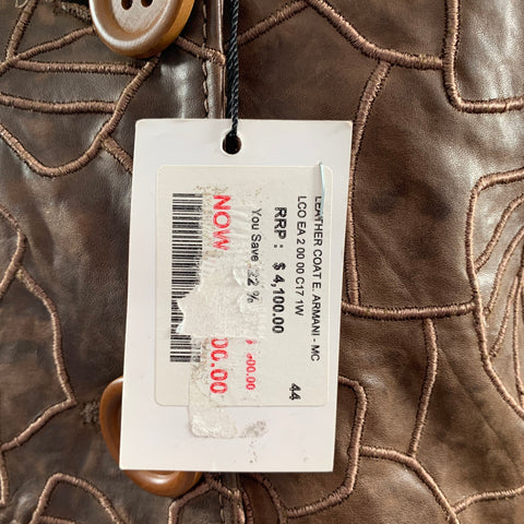 EMPORIO ARMANI Size 8 Brown Lambskin Leather Embroidered Single Breasted Coat