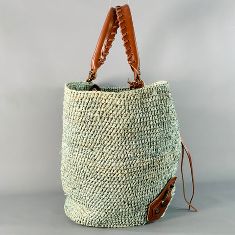 BALENCIAGA Green Brown Woven Raffia Oversized Tote Handbag