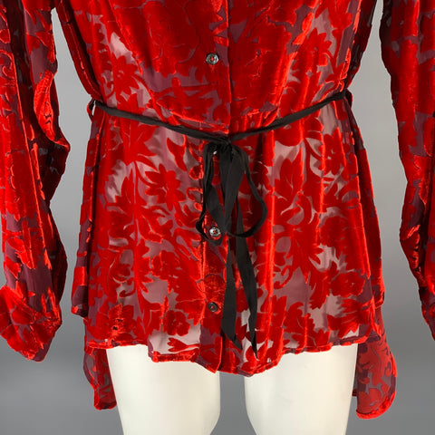 ANN DEMEULEMEESTER Size S Red Silk Blend Band Collar Long Sleeve Shirt