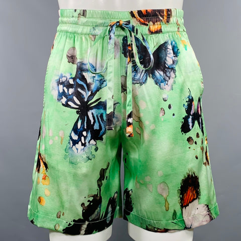 Shorts en soie mélangée à imprimé papillon multicolore NAHMIAS PE23 taille S avec cordon de serrage