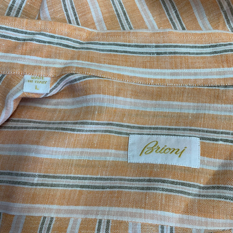 BRIONI Size L Orange Stripe Linen Button Up Long Sleeve Shirt