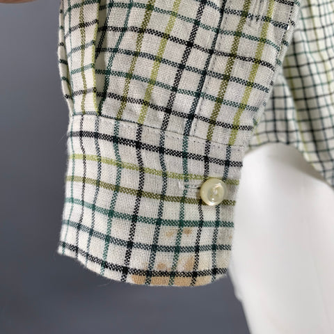 TS (S) Size M White Green Black Check Linen Pointed Collar Long Sleeve Shirt