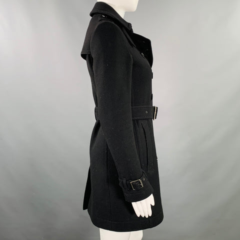 BURBERRY BRIT Size 2 Black Wool Blend Double Breasted Belted Coat