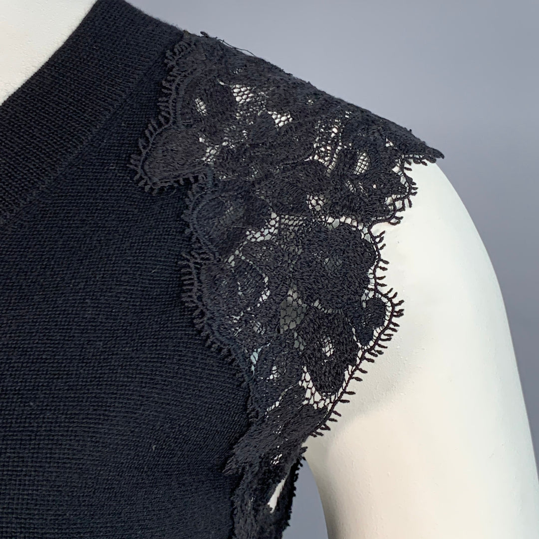 CHLOE Size L Black Wool Lace Trim Sleeveless Crew Neck Casual Top