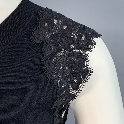 CHLOE Size L Black Wool Lace Trim Sleeveless Crew Neck Casual Top